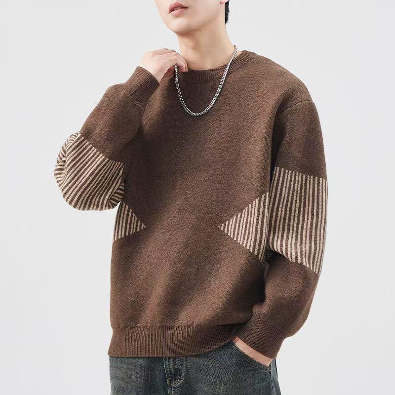 Round Neck Sweater, Men's Loose Fitting Patchwork Striped Knit Sweater, Casual Long Sleeved Pullover Top