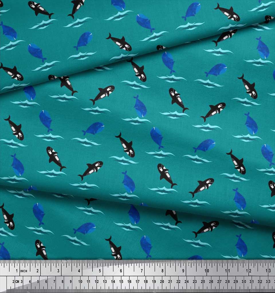 Soimoi Japan Crepe Satin Fabric Waves,Whale & Dolphin Ocean Decor Fabric Printed metre 42 Inch