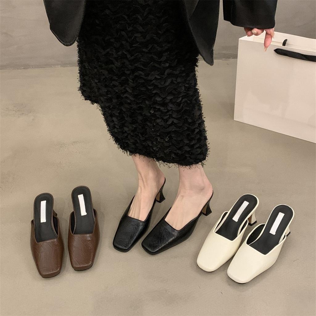 Temperament high-heeled bag head half slippers outer wear women's shoes spring and summer thick heels are not tired feet shallow single shoes