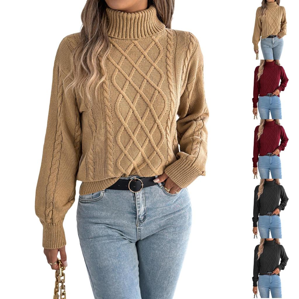 Suéter de punto trenzado de cuello alto de color para mujer con mangas