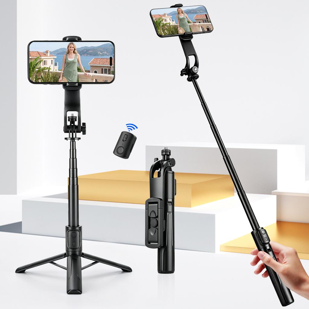 45 Inch Retractable Selfie Stick Professional Floor Tripod for Live Streaming with Wireless Remote 360° Rotation Stable Anti-shake Design. Ideal for