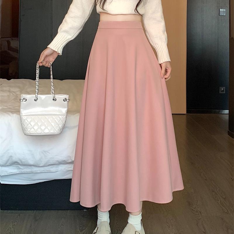 White High Waist Woolen A-line Pleated Skirt for Women - Long, Thickened, and Perfect for Autumn/Winter