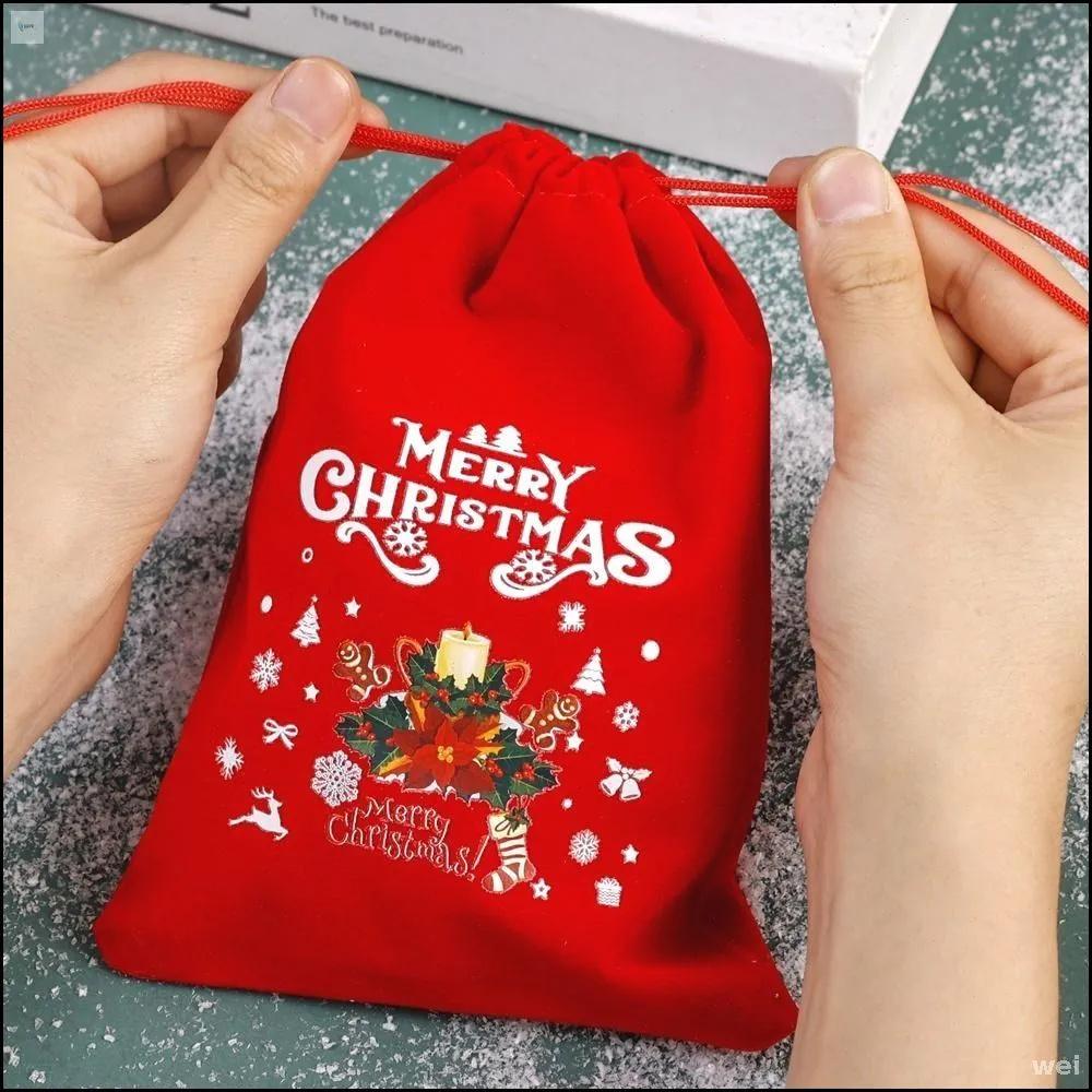 5pcs Christmas Red Cloth Bag Drawstring Gift Bag Christmas Bag Candy Packaging Bag