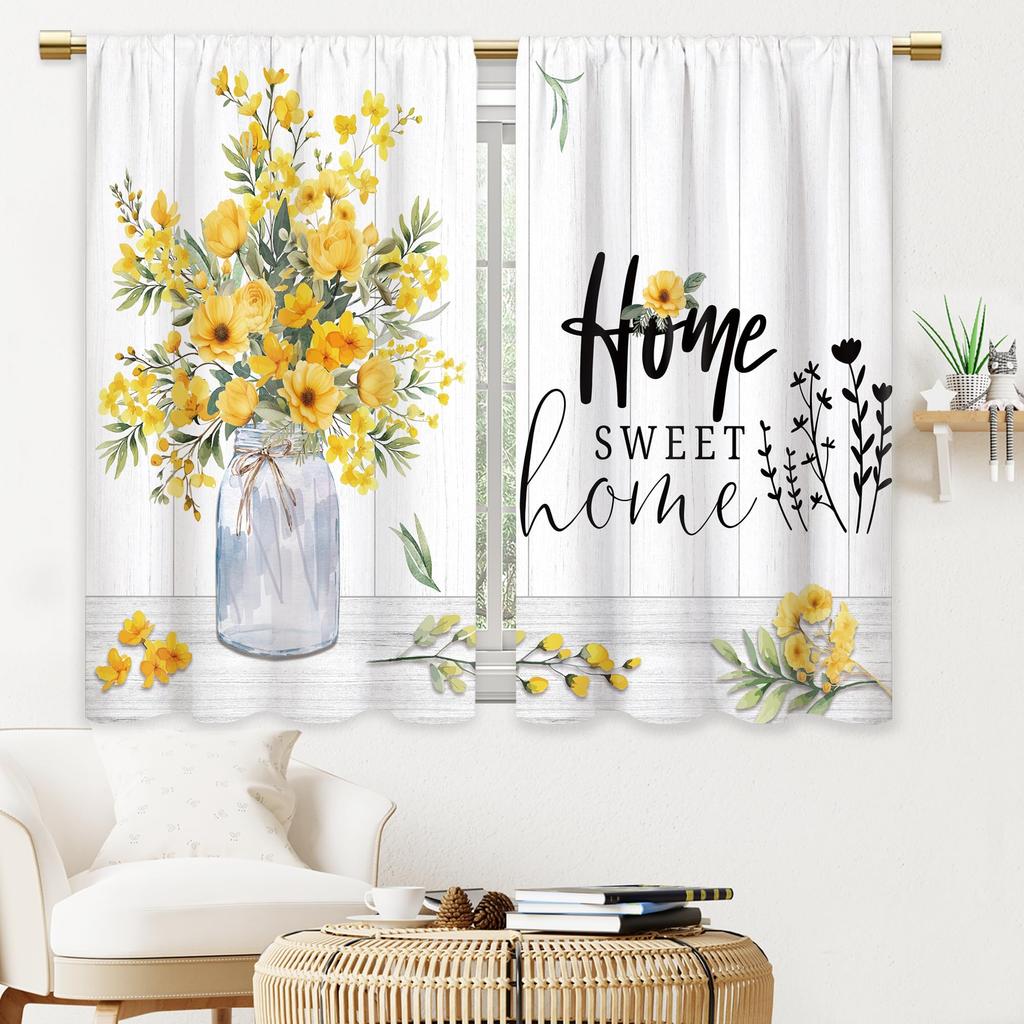 2 Panels Rustic Yellow Floral Kitchen Curtains Farmhouse Bathroom Window Treatment Drapes Cafe Small Bedroom Short Curtains