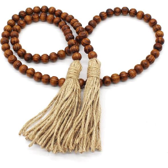CVHOMEDECO. Wood Beads Garland with Tassels Farmhouse Rustic Wooden Prayer Bead String Wall Hanging Accent for Home Festival Decor. Mix Distressed
