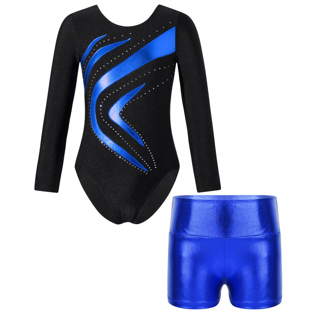 Kids Girls Dance Set Long Sleeve Rhinestones Leotard with Shorts for Gymnastics Performance Competition