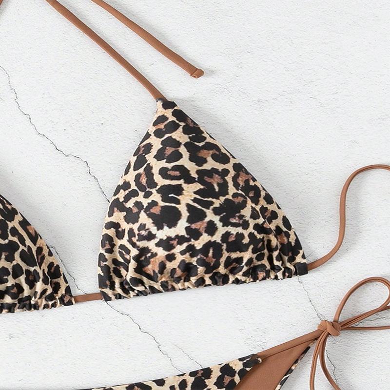 Women’s Leopard Print Bikini Swimsuit, Sexy Halter Backless Tankini Bathing Suit Two-Piece Tie Side Swimwear