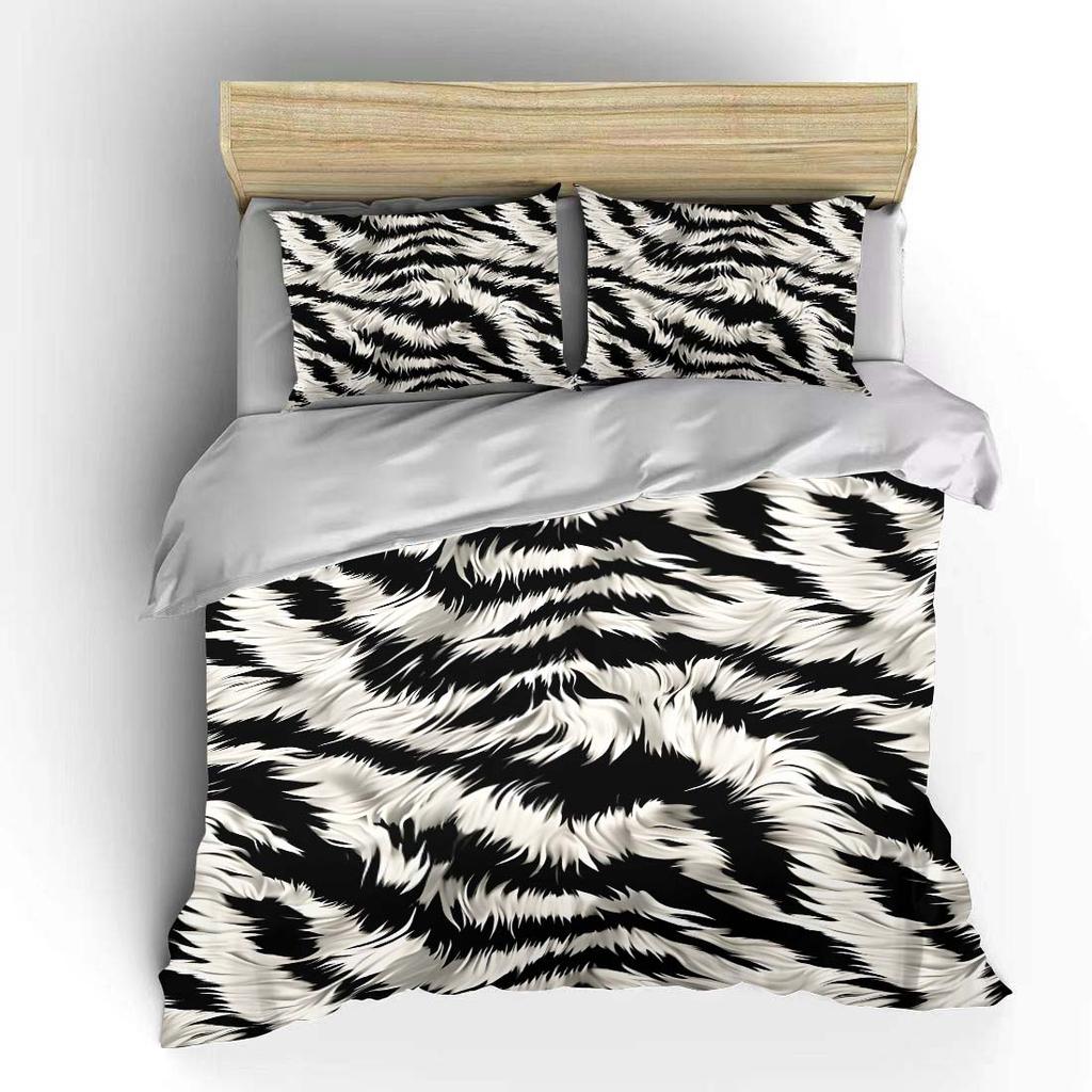 Black white abstract fur pattern Bedding Set for Kids Luxury Gift 3pcs Digital Print Comforter Set Soft Comfortable Breathable