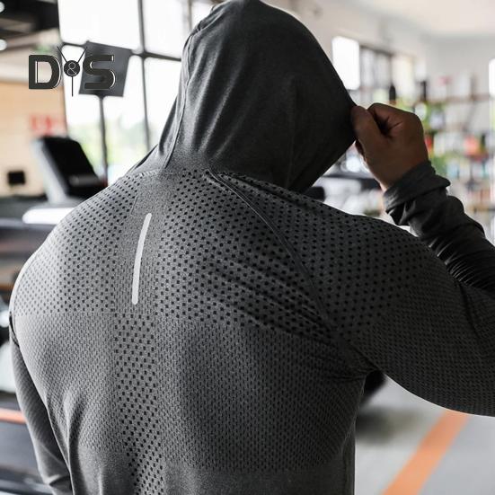 Männer Sport Top Kordelzug Kapuze Langarm Slim Fit Weich Atmungsaktiv Hohe Elastizität Schnell Trocknend Hohl Mesh Jogging Training Sommer Frühling Sweatshirt