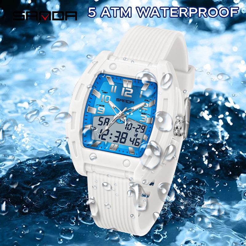 Sanda Barrel-Shaped Men's Dual Display Watch - Fashionable, Vibrant, Luminous, Waterproof, with Alarm Clock.