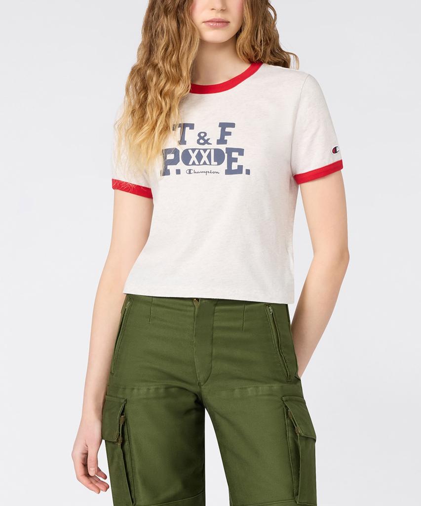 Champion Women'S Sports Team Logo Cropped Ringer T-Shirt Oatmeal