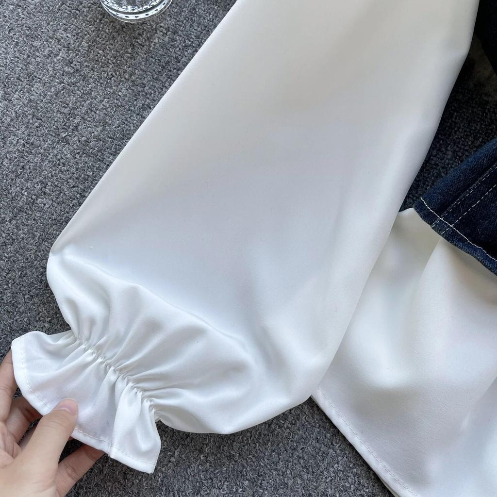 Colete Jeans Retro Chic de Hong Kong Colete Moda Empilhada Versátil Camisas de Manga Curta Bufante Conjunto de Duas Peças Top