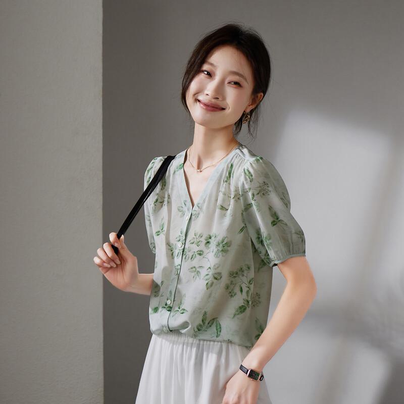 SOFSIL 100% Mulberry Silk Printed Short-Sleeve V-Neck Shirt