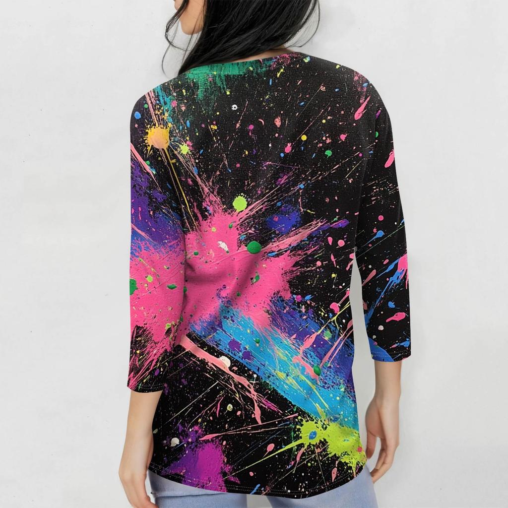 Women's Fashion Casual Seven Sleeve Printed Round Neck T-Shirt Top