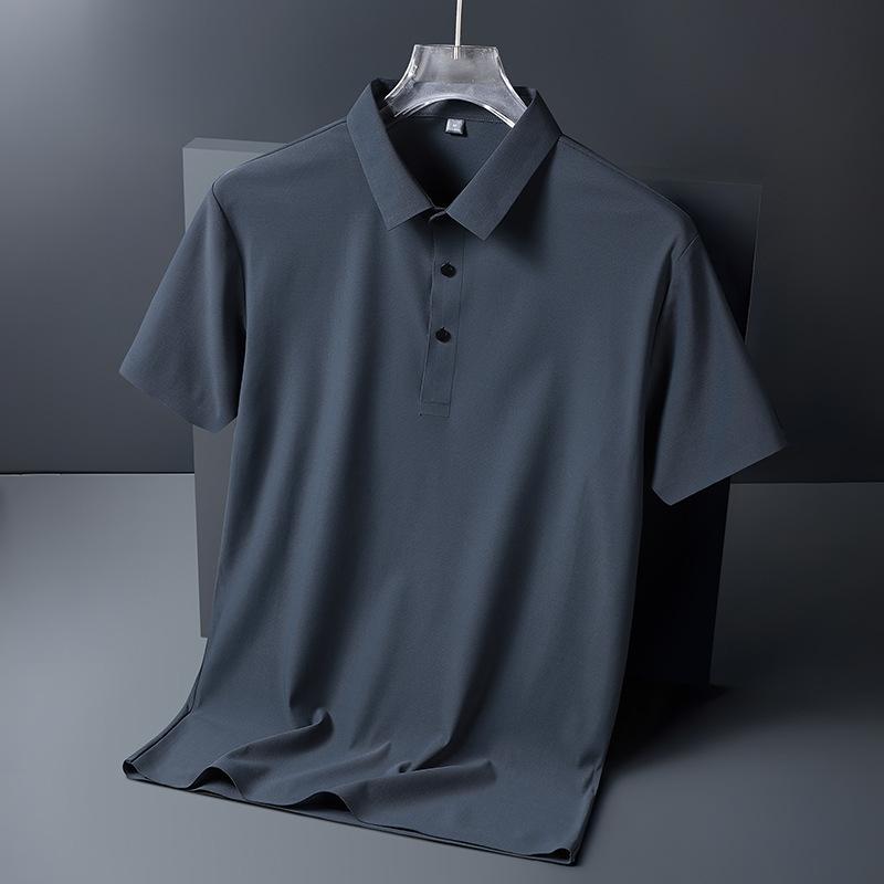 Camisa Polo de Seda Helada para Hombre de Negocios Casual de Verano Sin Costuras Alta Elasticidad Sin Planchado Fina de Manga Corta con Cuello Camisero Manga Corta