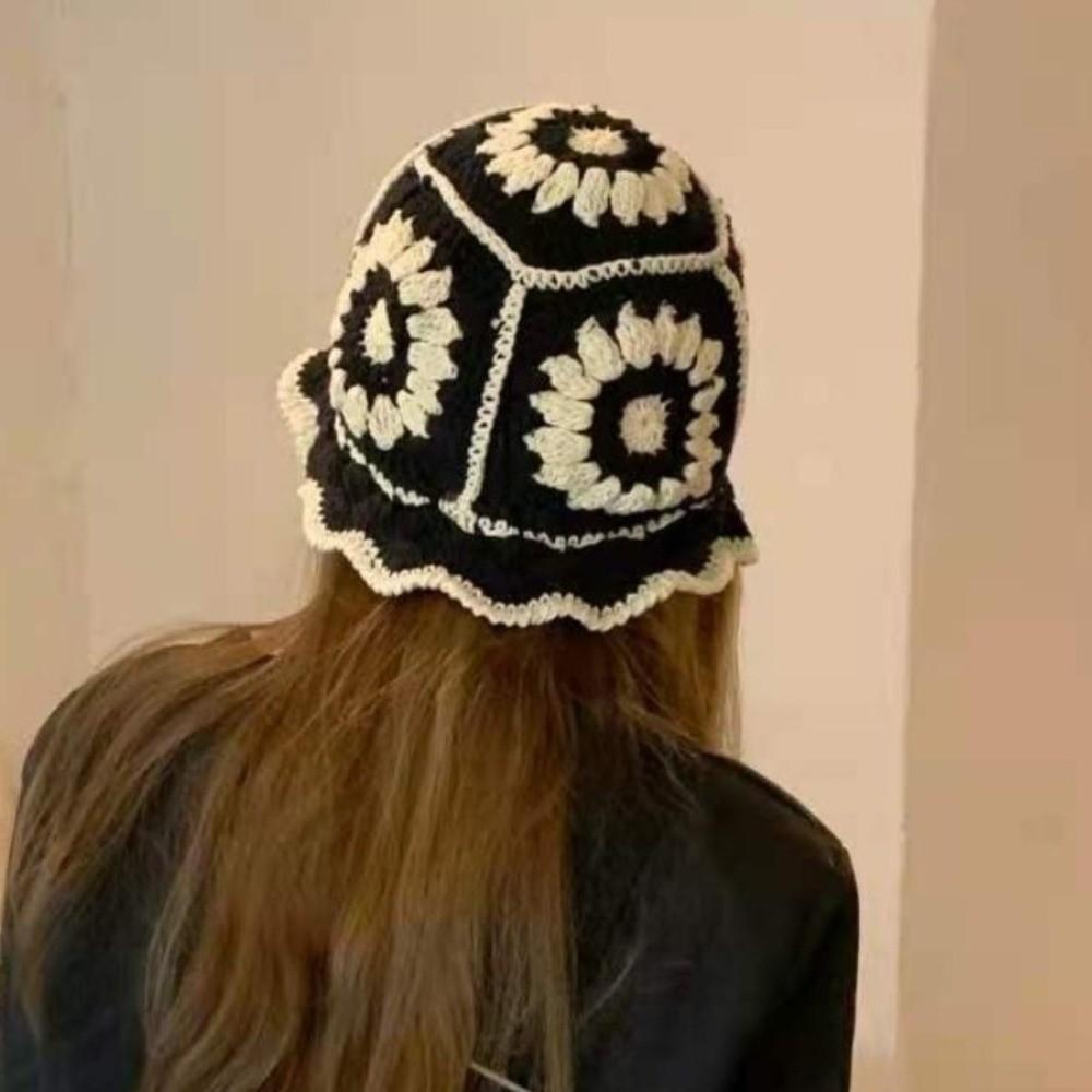 Fleece thread Knitted Fisherman Hat Hollow Bucket Hat Unique Flower Sun Hat Girl