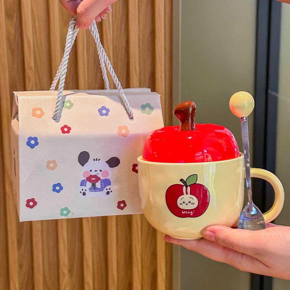 Cute Apple High-value Cup Ceramic Mug with Lid Spoon Couple Home Coffee Cup Girl Birthday Gift