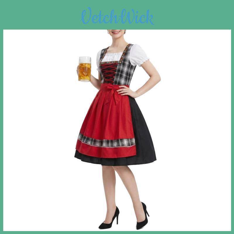 Oktoberfest Costume Women Retro Red Black Tartan Dress For Halloween Event