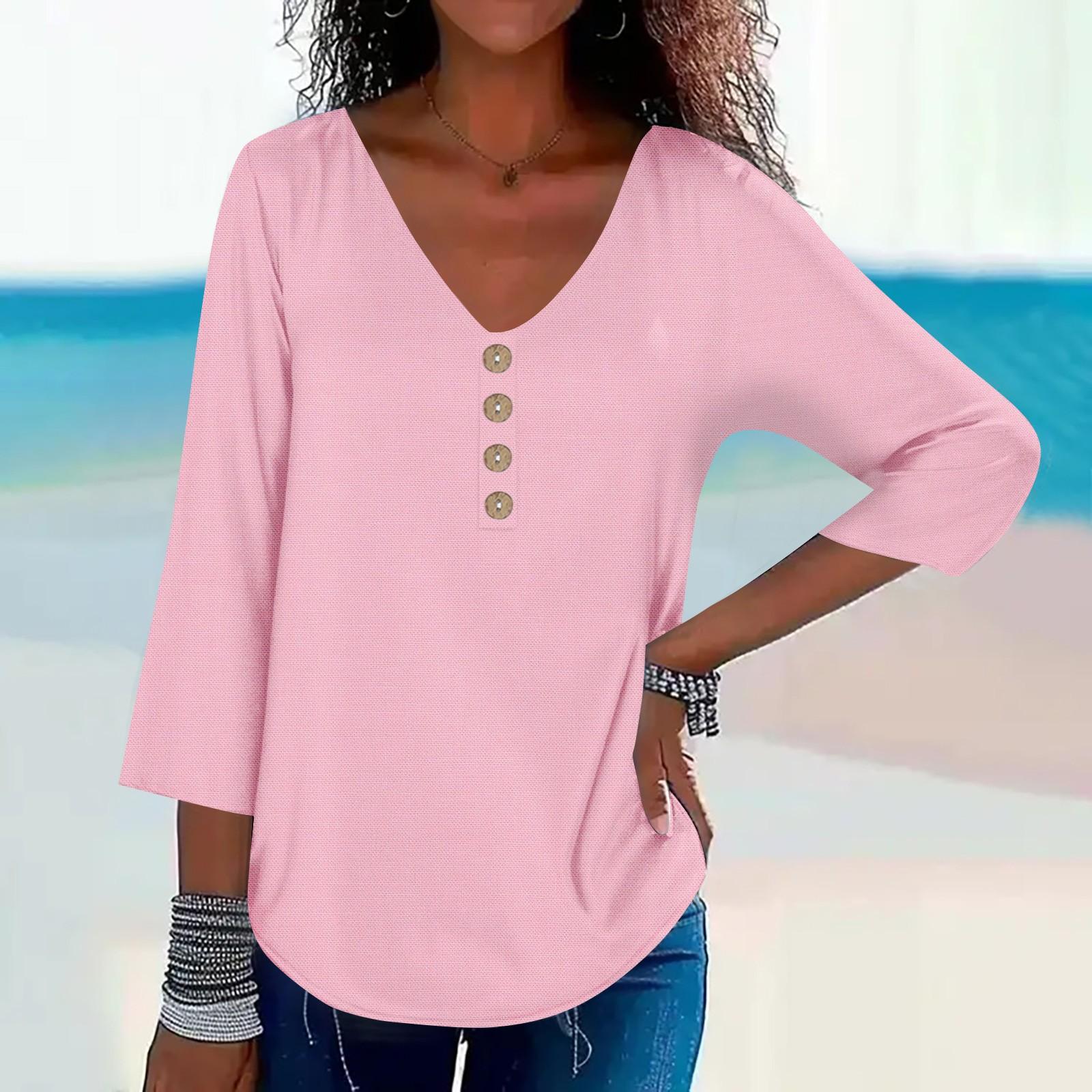 

Женская мода, свободная повседневная однотонная футболка с рукавом 3/4 и воротником на пуговицах, топ XXXL розовый