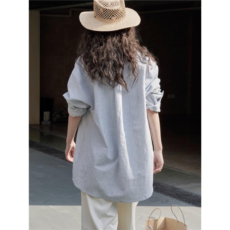 Spring And Summer Fashionable Lazy Linen Striped Shirt Loose Comfortable Breathable Casual Top Women