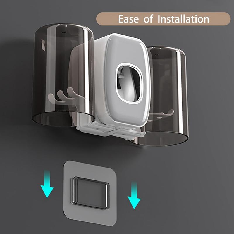 Wall Mounted Toothbrush Holder With Automatic Toothpaste Dispenser 4 Slots 2 Cups - No Drillin