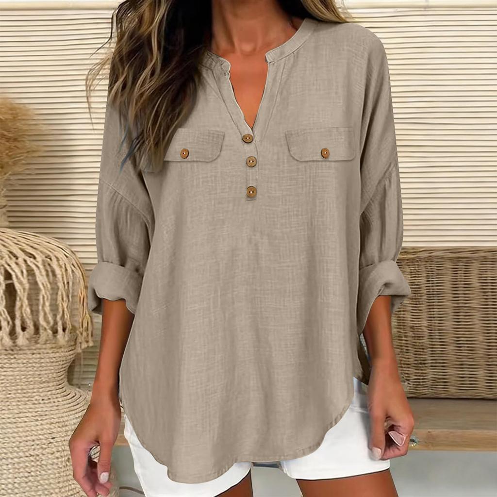 Women's Fashionable V-Neck Casual -Color Button-Down Cotton-Linen Loose-Fit Top