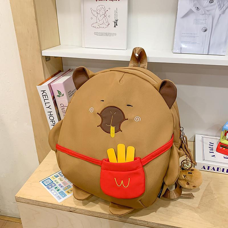 Cute Cartoon French Fries Capybaradesign Children Backpack With Plush Pendant For Casual Travel And School Use
