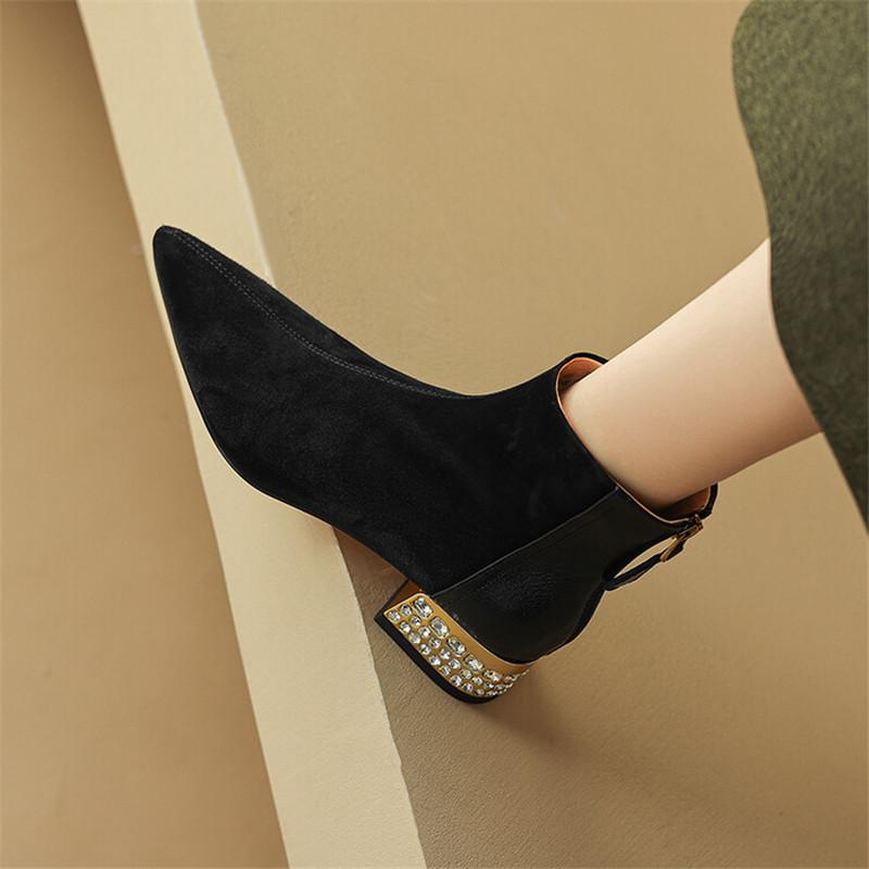 Fashion New Autumn Winter Sheep Suede Women Boots Fashion Rhinestone Chunky Heels Pointed Toe Knight Boots for Women Short Boots Women
