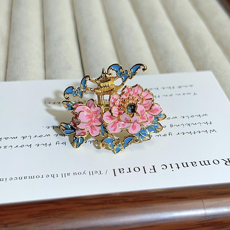 Medieval Vintage Stackable Ring Oriental Aesthetics Pavilion Peony Enamel Open‑Adjustable Niche New Chinese Style Fashion Jewelry
