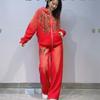 Womens Hooded Tracksuit Set Loose Fit Plus Size Zip-up Cardigan Two-Piece Winter Casual Sportswear With Rhinestones