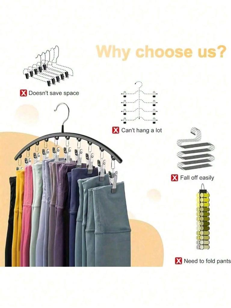 Clothes Hanger, Hanging Rack Space-Saving Curved Hanger For Yoga Pants And Leggings - Closet Organizer With 10 Clips
