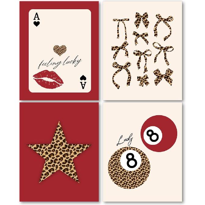 laveliabel Red Preppy Leopard Bow Wall Art Prints Set of 4 Unframed, Coquette Leopard Print 8 Ball Bows Wall Decor, Lucky Red Preppy Coquette Poster color_3