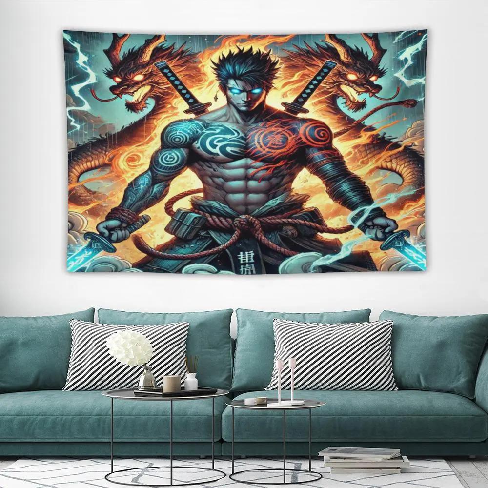 Samurai Dragon Warrior Tapestry Epic Anime Wall Art Perfect Your Bedroom or Living Room Decor Featuring Mythical Dragon Design