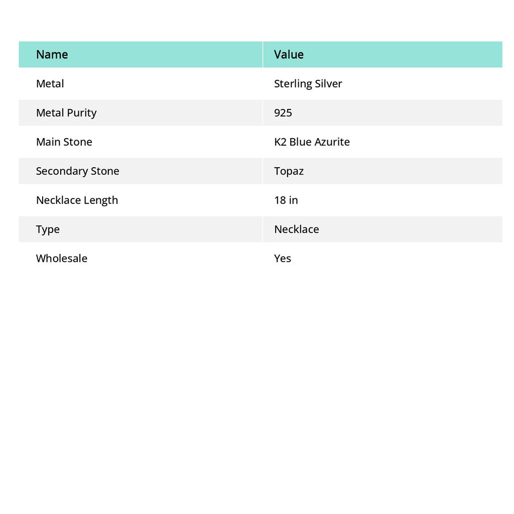 K2 Blue Azurite, Topaz Handmade 925 Sterling Silver Jewelry Necklace 18" y1Q64