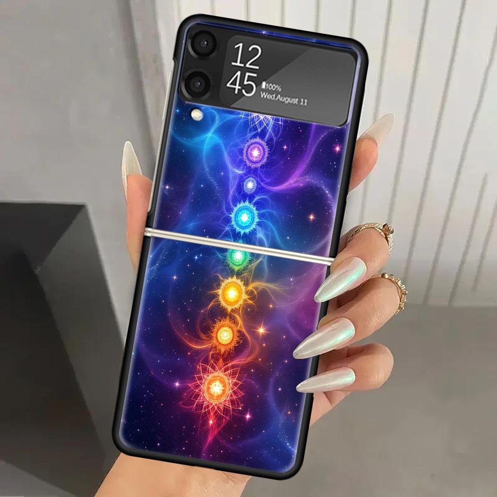 Yoga Chakra Spiritual Energy Universe Hard PC Phone Case For Samsung Galaxy Z Flip 7 6 5 4 3 Black ZFlip7 ZFlip6 Flip5 Flip4 Fli