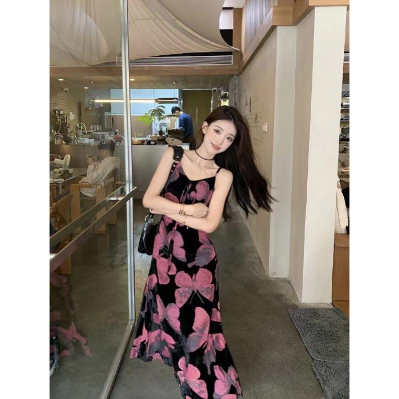 Retro Spice Girl Butterfly Printed Suspender Dress Women's Summer New Slim Waist Temperament Hip Wrap Dress