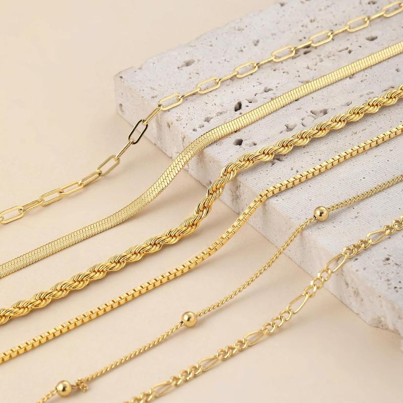 6PCS 14k Gold Plated Ankle Bracelets for Women, Stainless Steel Waterproof Herringbone Paperclip Bead Figaro Cuban Chain Anklets