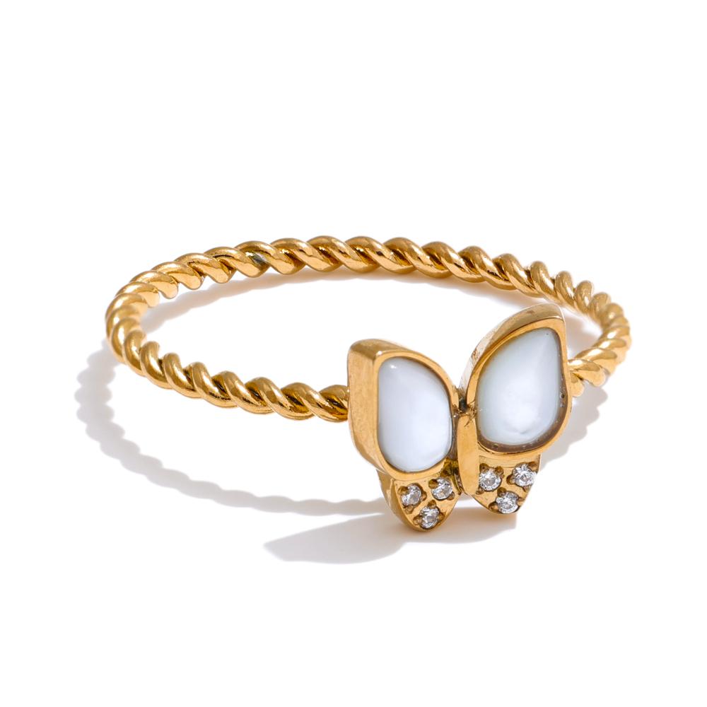 

Yhpup 6789# Exquisite Natural Shell Zirconia Butterfly Finger Ring Waterproof Stainless Steel Chic Korean Jewelry Accessories 6