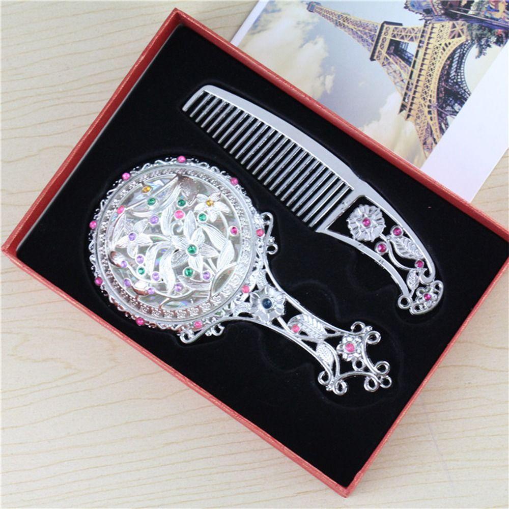 Handspiegel Vintage Make-upspiegel Legering Draagbare Retro Spiegel Kam Set met Hol Handvat Compacte Spiegel