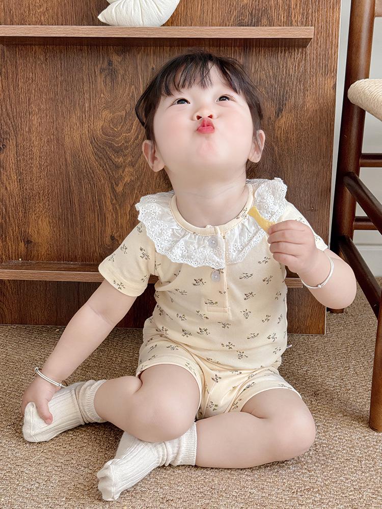 2025 Summer A-Class Cotton Girls' Lace Pajama Set – Short Sleeve Top & Shorts
