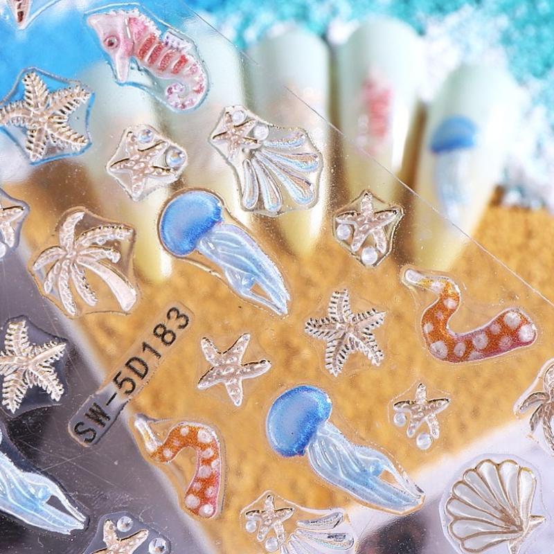 Jellyfish Summer Beach Nail Stickers Colorful Shell Starfish Conch Fish Adhesive Sliders Embossed Decals Manicure Foils Decor
