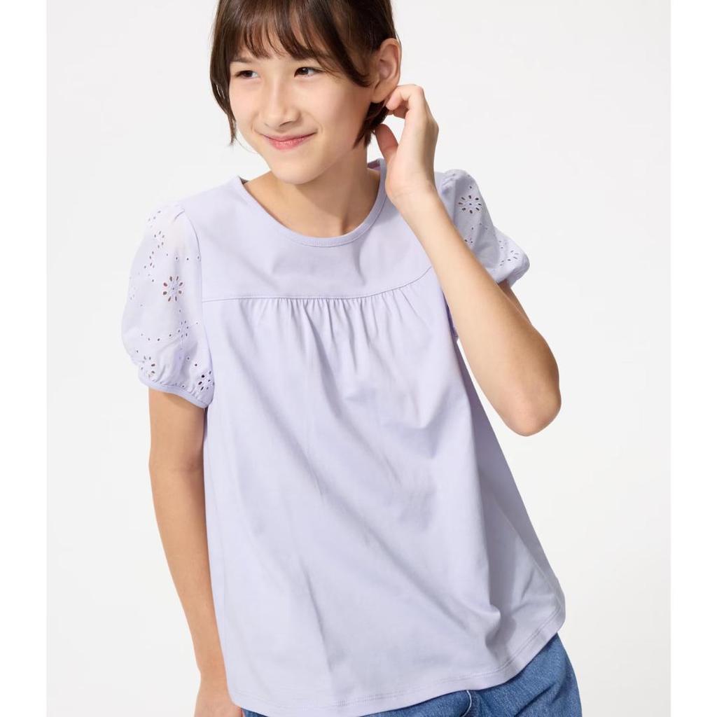 Uniqlo 483396 Girls Puff Sleeve Embroidery T-Shirt Kids Short Sleeve WHITE / LIGHT PURPLE Japan