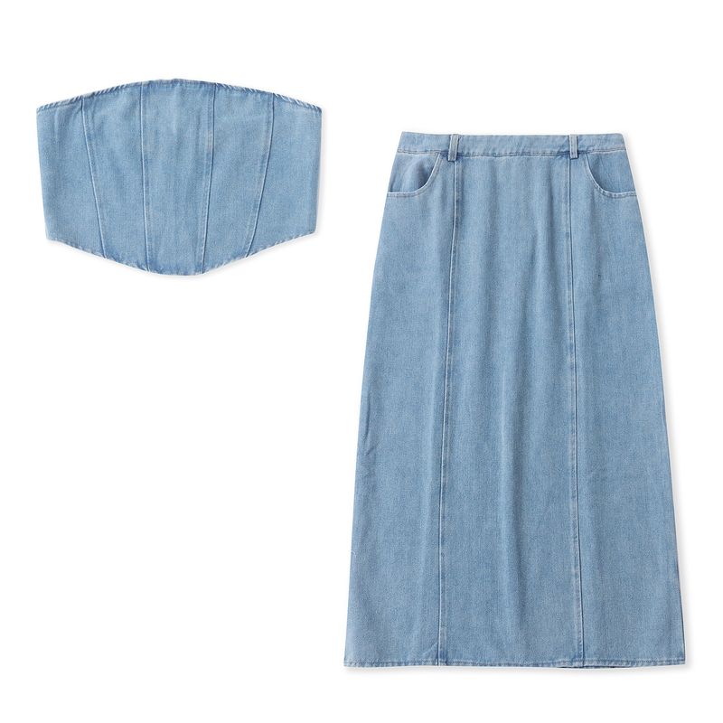 

Джинсовый костюм Топ-бандо + Юбка миди Летняя новинка Зарубежная торговля Женская одежда Мягкий деним 31838 Blue B- 10-35-2 L