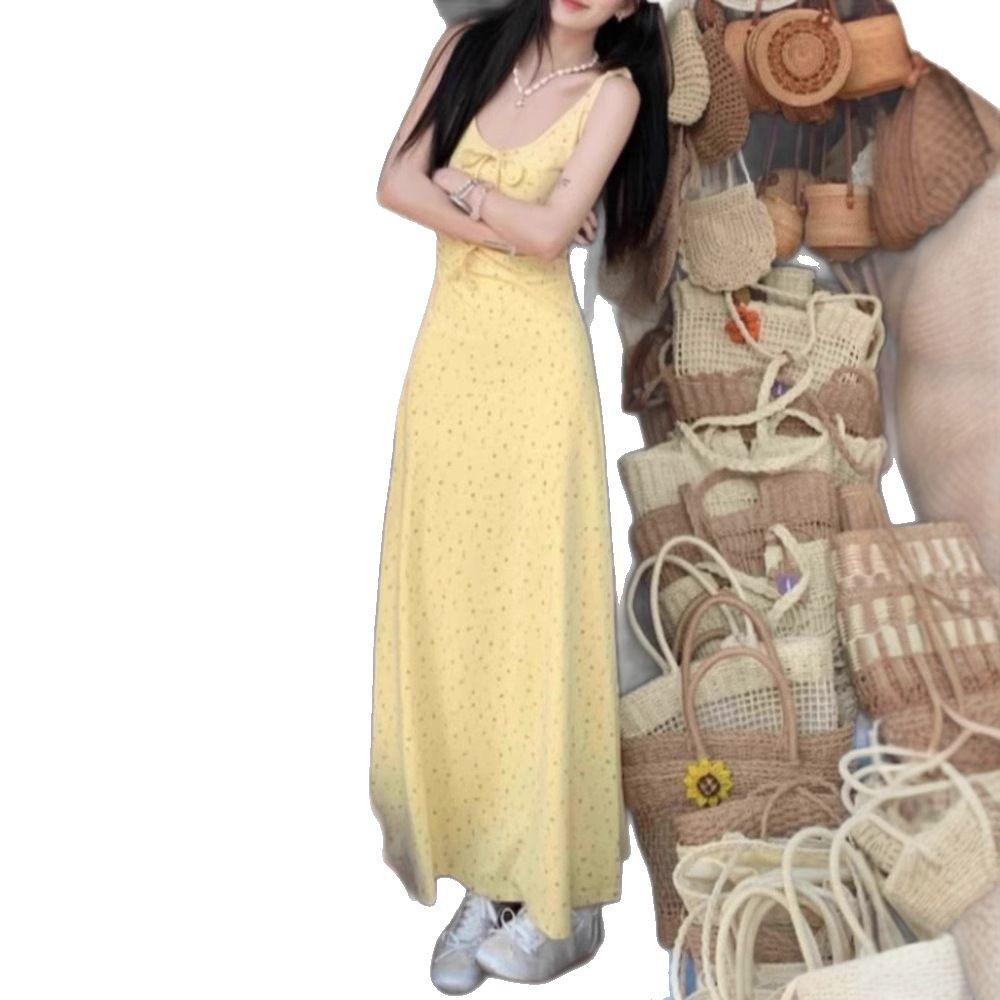 Yellow Gentle Wind Floral Dress Women's Summer New French Suspender Skirt Seaside Vacation Long Skirt