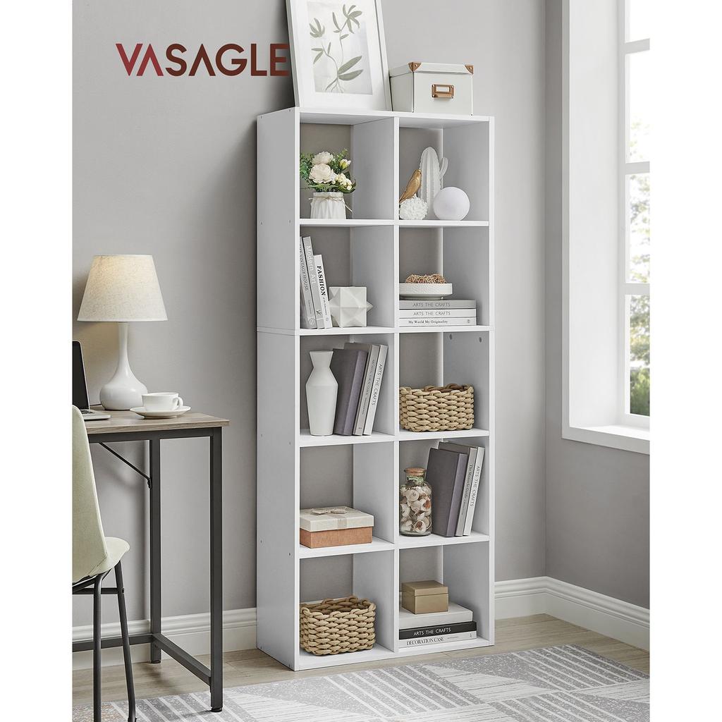 VASAGLE Scandinavian Style Bookcase 10 Compartments Standing Shelf Storage Rack for Living Room Office Bedroom Study Room Divider White