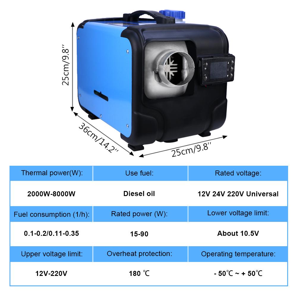 12V/24V/220V Universal Horizontal Automotive Diesel Air Heater Integrated Machine 2-8KW Auxiliary Heater With LED Display Screen