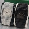 Square Full Rhinestone Ladies Quartz Watch Date Window Stainless Steel Band Luxury Dress Wristwatch