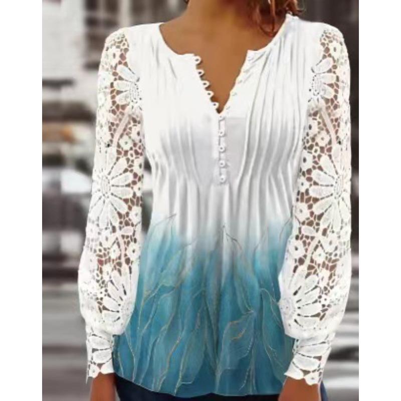 Spring and Autumn Women's Blouse Fashion Lace Sleeve Pressure Pleat Solid Color Button Long Sleeve Top