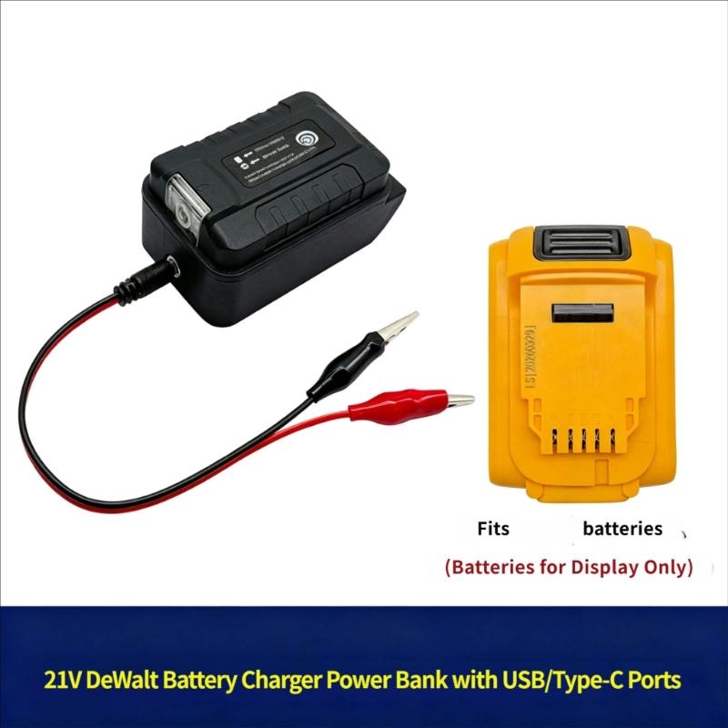Tragbarer Batterieadapter für DW 21V Akku mit Klemmenkabel, USB USB C und Gleichstromausgang, Arbeitslichtunterstützung für Notstromversorgung