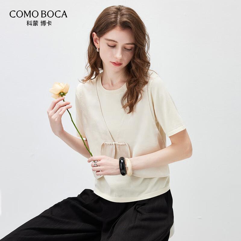 Women s Silk Blend Faux Two-Piece Short Sleeve Knit Top L